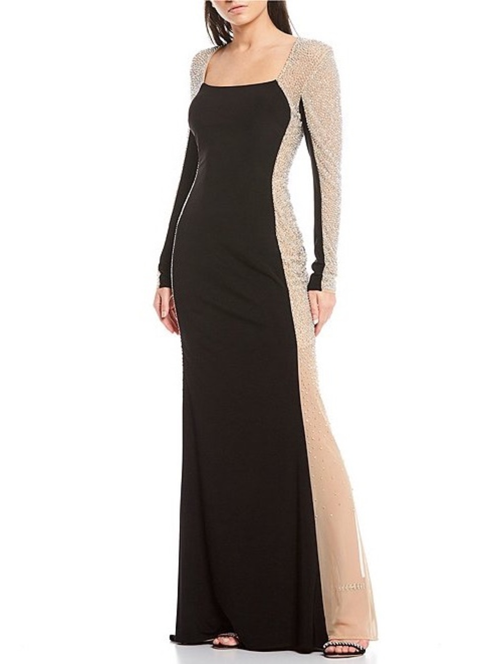 Xscape Black and Nude Embellished Long Sleeve Maxi Gown/ NWT / $309/ 8p